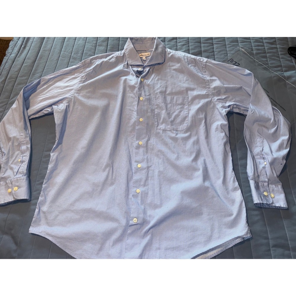 Peter Millar Mens XL Blue White Micro Check Button Down Shirt Long Sleeve